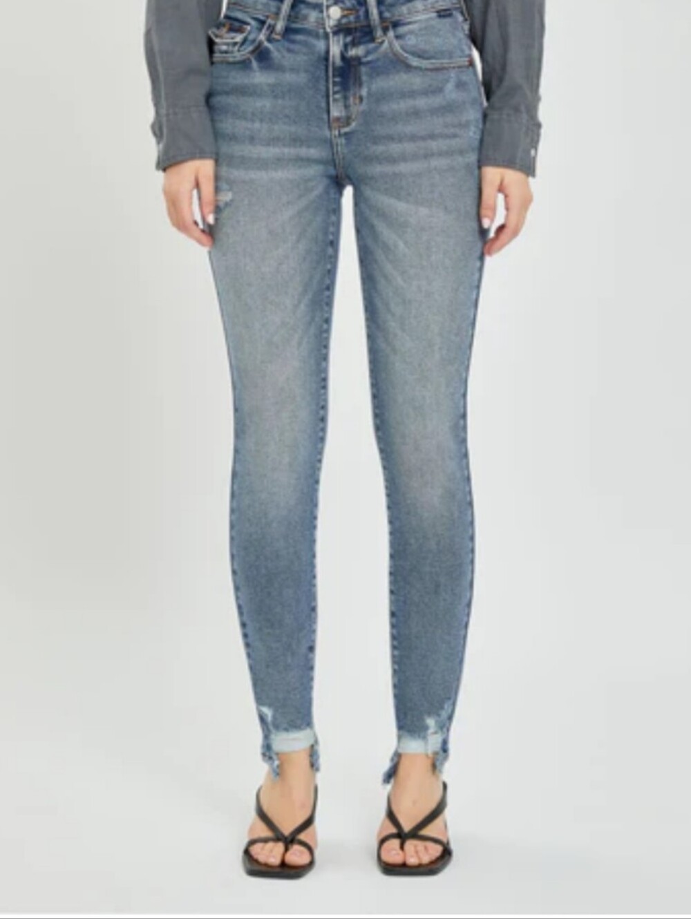 Cello Ankle Raw-Hem Skinny Jeans in Faded Blue